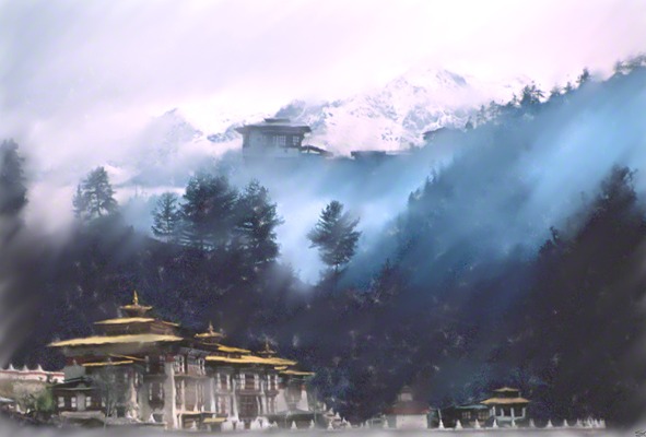 Digital painting of temples in Bhutan